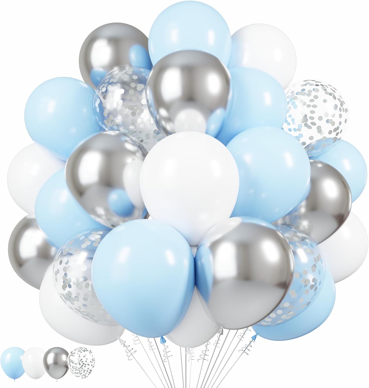 Blue White Silver Confetti Balloons 50pcs 12in Latex Party Decor