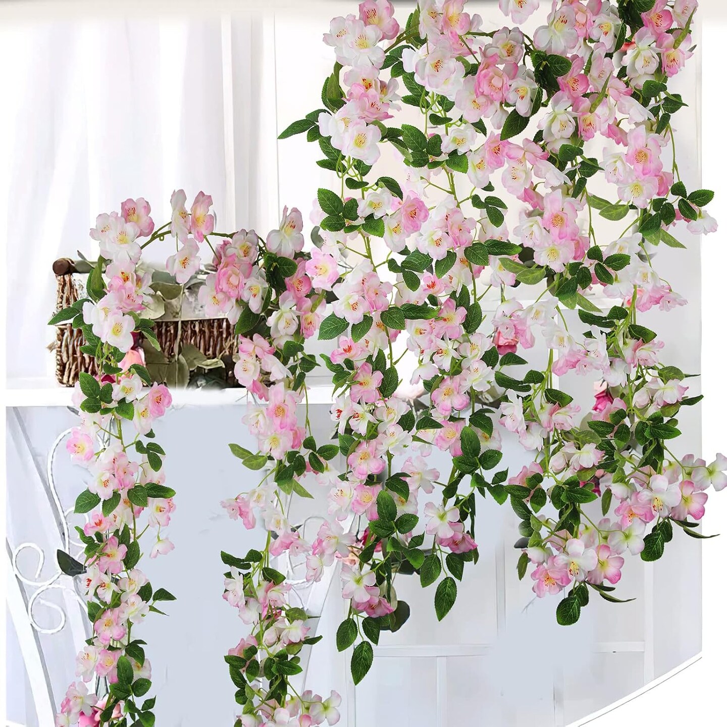 Artificial Cherry Blossom Flower Vine Pink Hanging Cherry Blossom Flower Silk Garland Hanging Vines Faux Flowers for Outdoors Spring Wedding Party Home Table Centerpiece Arrangement Decor