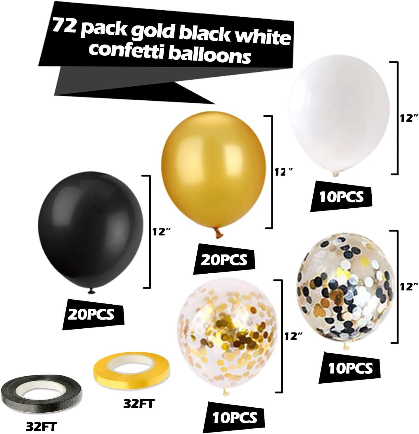 72 Pack Black Gold Confetti Balloons Kits