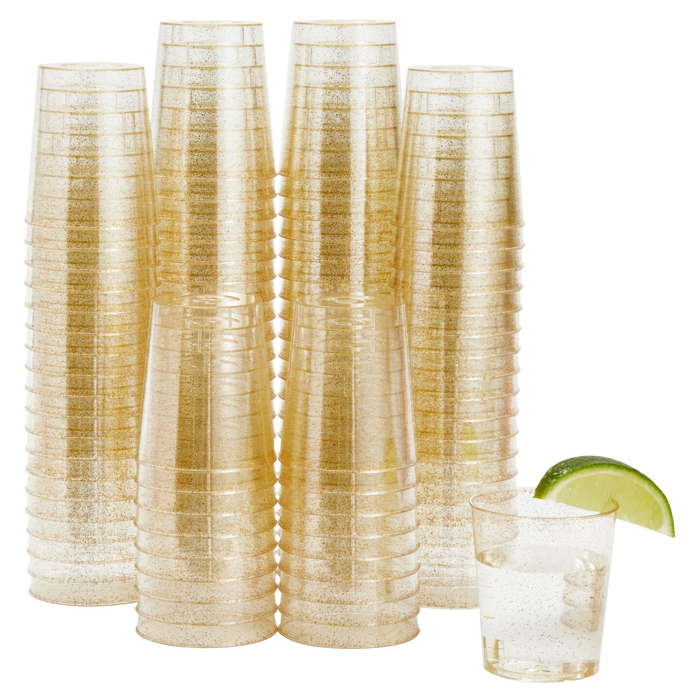 100 Pack Gold Glitter Plastic Shot Glasses, 2oz Cups for Weddings, Birthday Parties