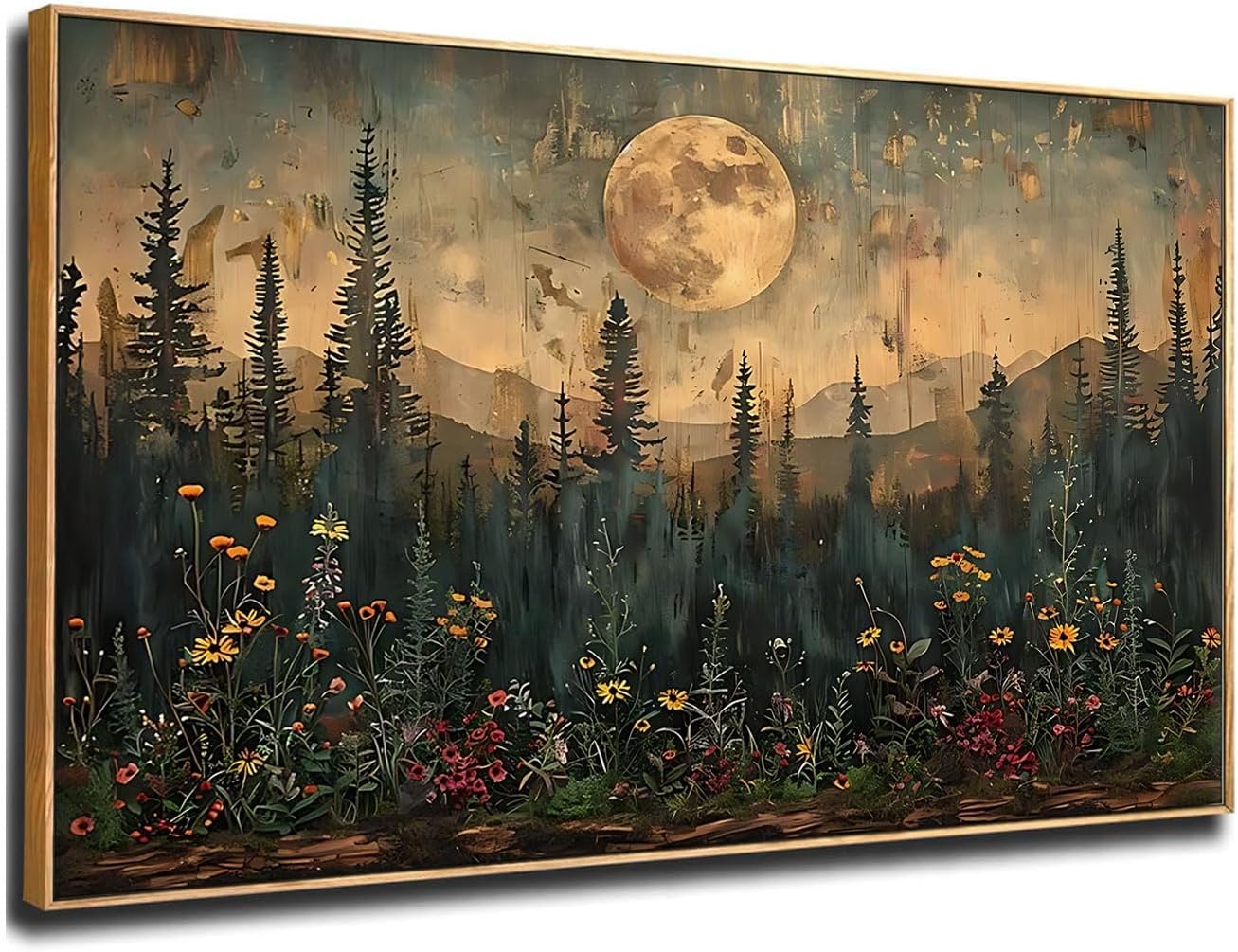 Moon Wall Art Vintage Wildflower Woodland Canvas Painting Print Framed Mountain Flowers Trees Picture Decor Dark Forest Landscape Rustic Farmhouse Living Room Bedroom Office 20&#x22;x40&#x22;