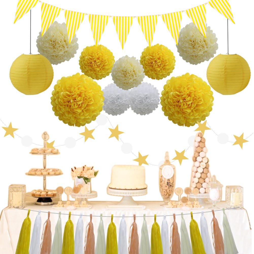 33pcs Party Decoration Supplies Set, Yellow Tissue Paper Pom Poms Flowers Paper Lanterns Tassels Hanging Garland Banner Triangle Flag Bunting for Birthday, Bridal, Baby Shower, Wedding Graduation