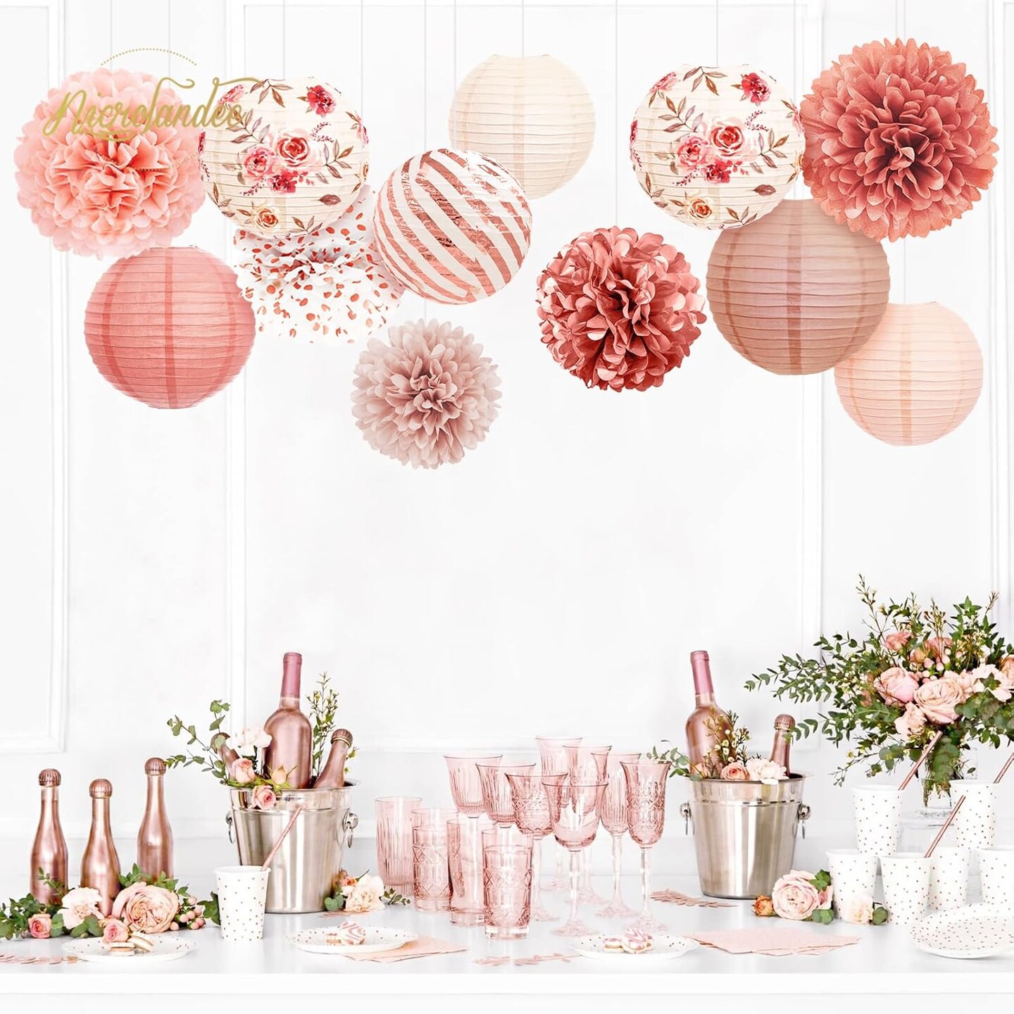 Wedding Party Decorations, 12 PCS Rose Pink Floral Paper Lanterns Tissue Pom Poms Backdrop Decoration for Pink Boho Wedding Bridal Shower Birthday Tea Party Decor