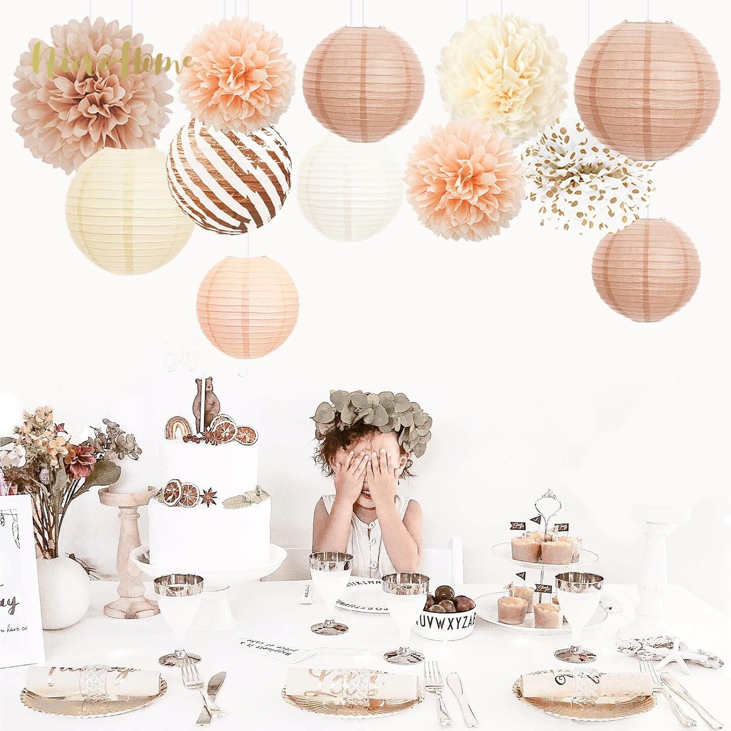 Wedding Party Decorations, 12 PCS Creamy White Tissue Paper Pom Poms and Lanterns Set, Champagne Paper Flowers for Engagement Receptions, Boho Bridal Showers Party Supplies