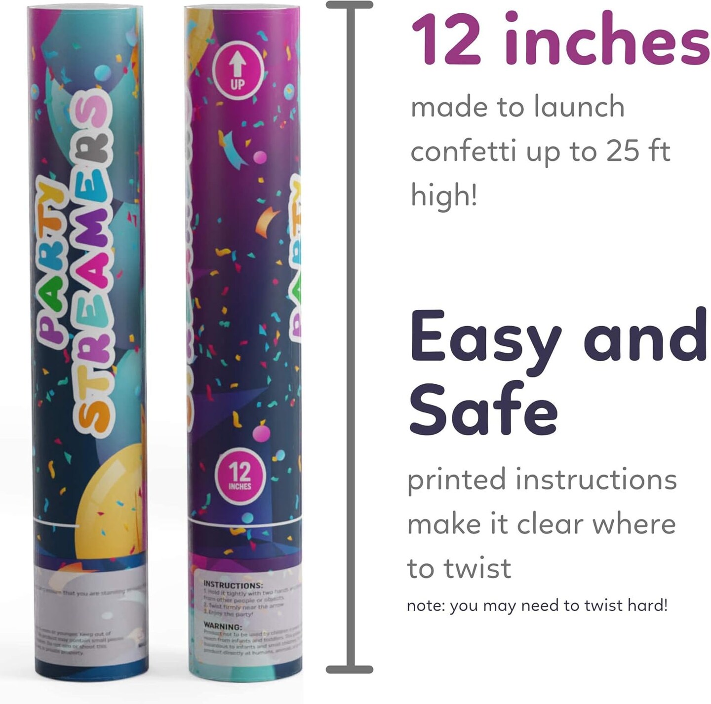 No Mess Streamer Confetti Cannon Party Poppers | 6 Pack | Multicolor Streamers | Glitter Bomb Confetti Shooters | Decoration for Birthday, Wedding | Launches 25 ft | 12 inch |