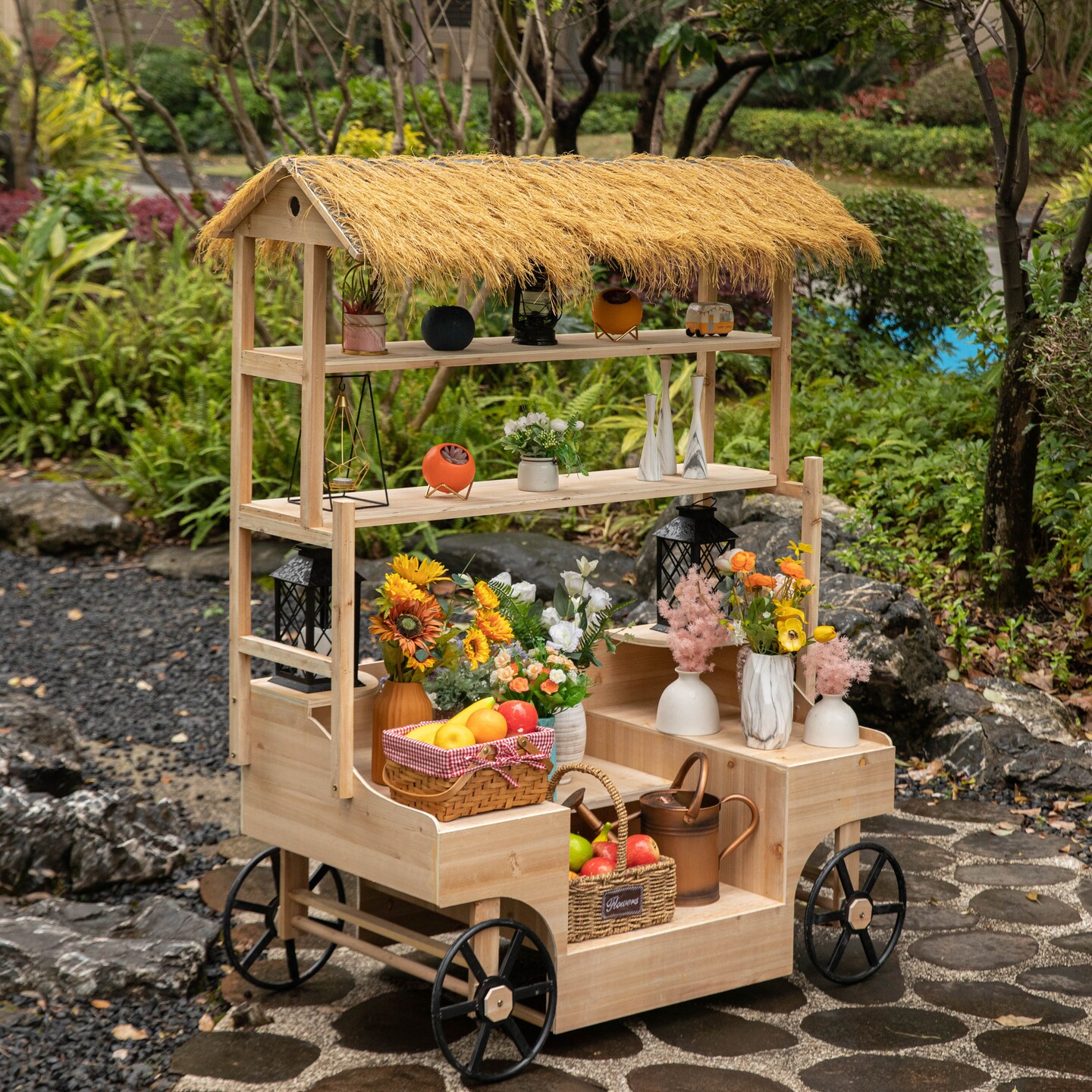 Vintiquewise Versatile Multi-Tier Shelves Wooden Rolling Cart - Perfect for Festival, Event Stand, Food Tasting Table, Garden Floral Display Rack, & Home Decor with Straw Roof and 2 Black Wheels