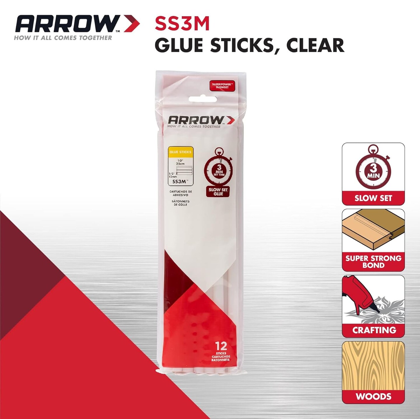 SS3M Full Size Slow Set Glue Sticks for Hot Glue Guns, Use for High Temp and Low Temp Crafting, Hobbies, and General Repair Projects, 10-Inch by 1/2-Inch, Clear, 12-Pack