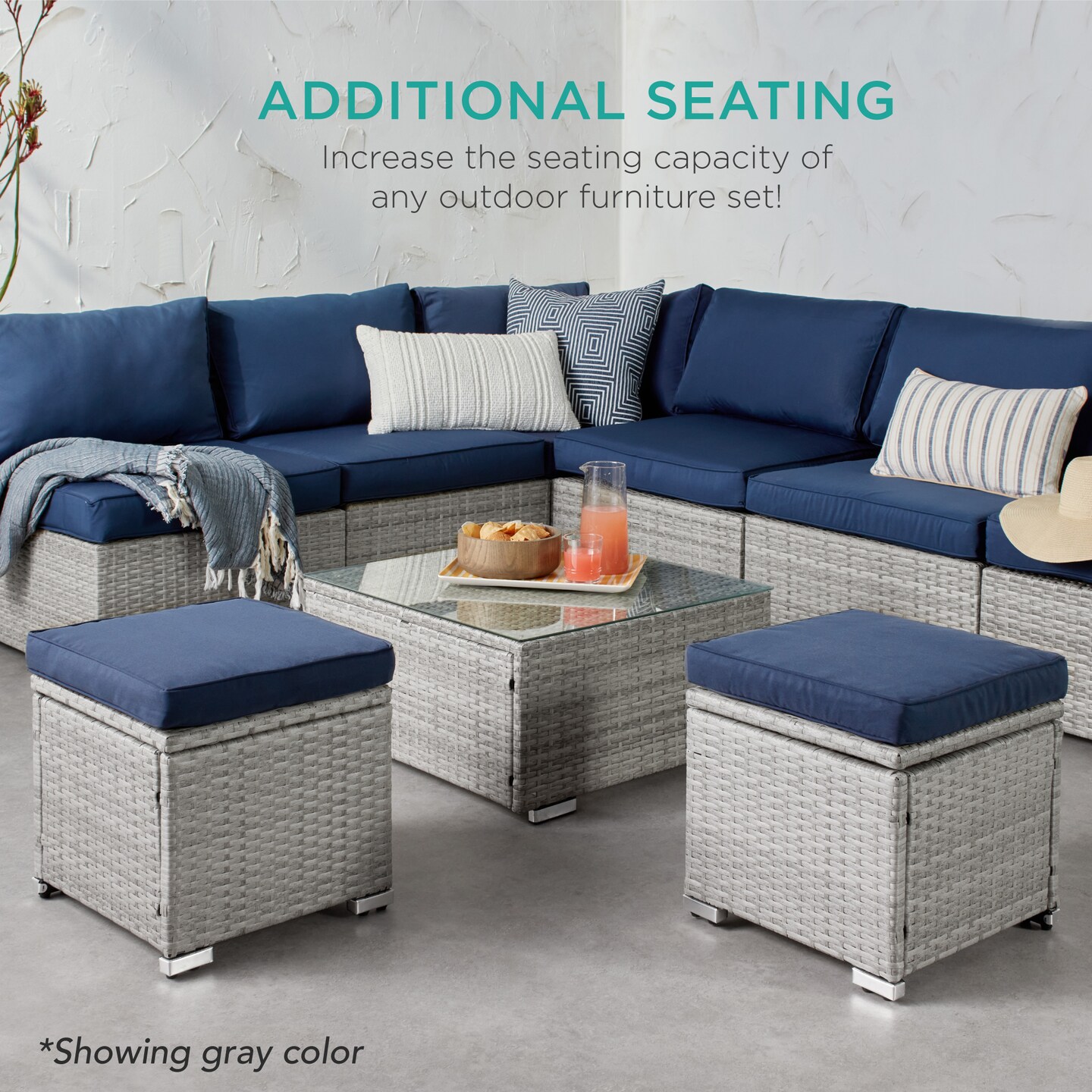 Best Choice Products Set of 2 Wicker Ottomans, Multipurpose Furniture w/ Removable Cushions, Steel Frame