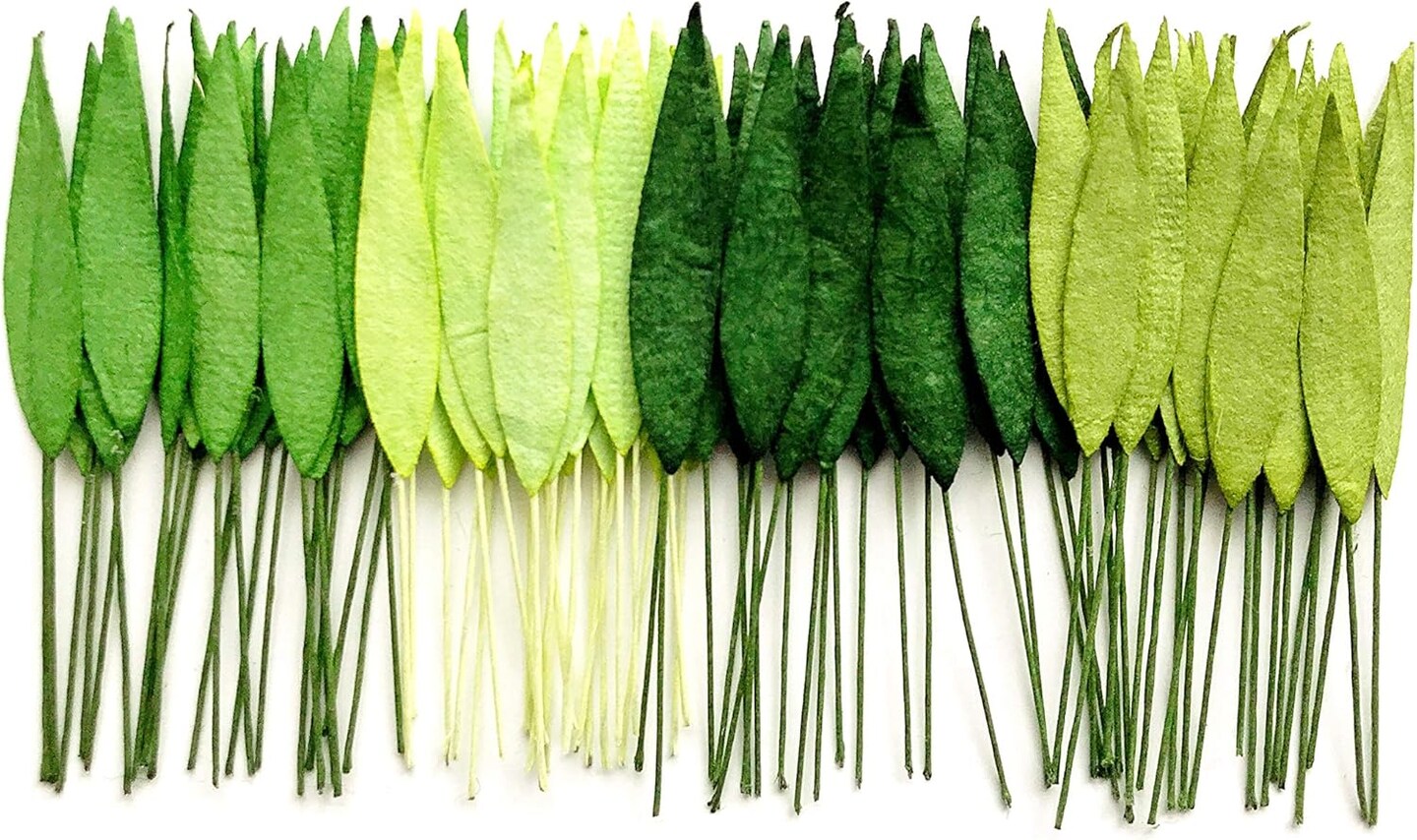 50-Piece Mixed Green Mulberry Paper Leaves with Wire Stems - 8mm Mini Grass Leaf Embellishments - Handmade Craft Supplies for Scrapbooking, Card Making, Wedding Decor, and DIY Floral Arrangements