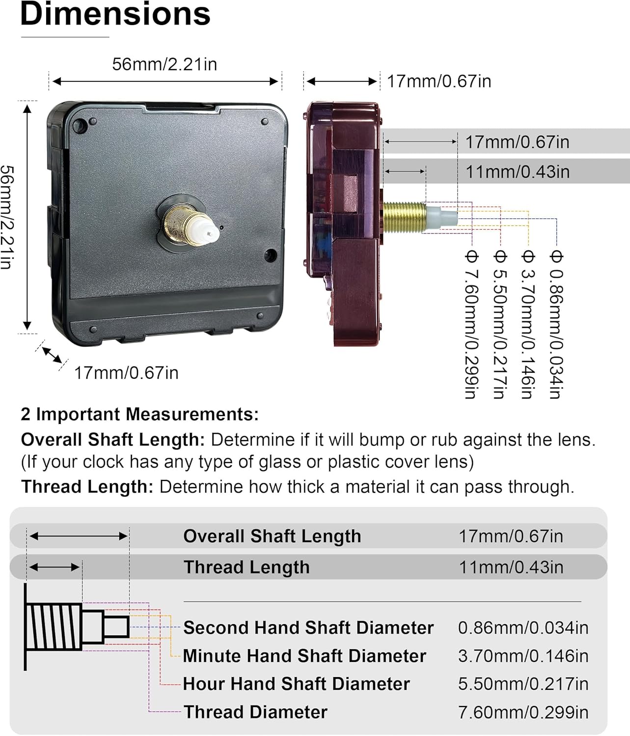 Clock Movements 11mm/0.43in Thread Length (Thick Shaft, 3 Set, 227S)