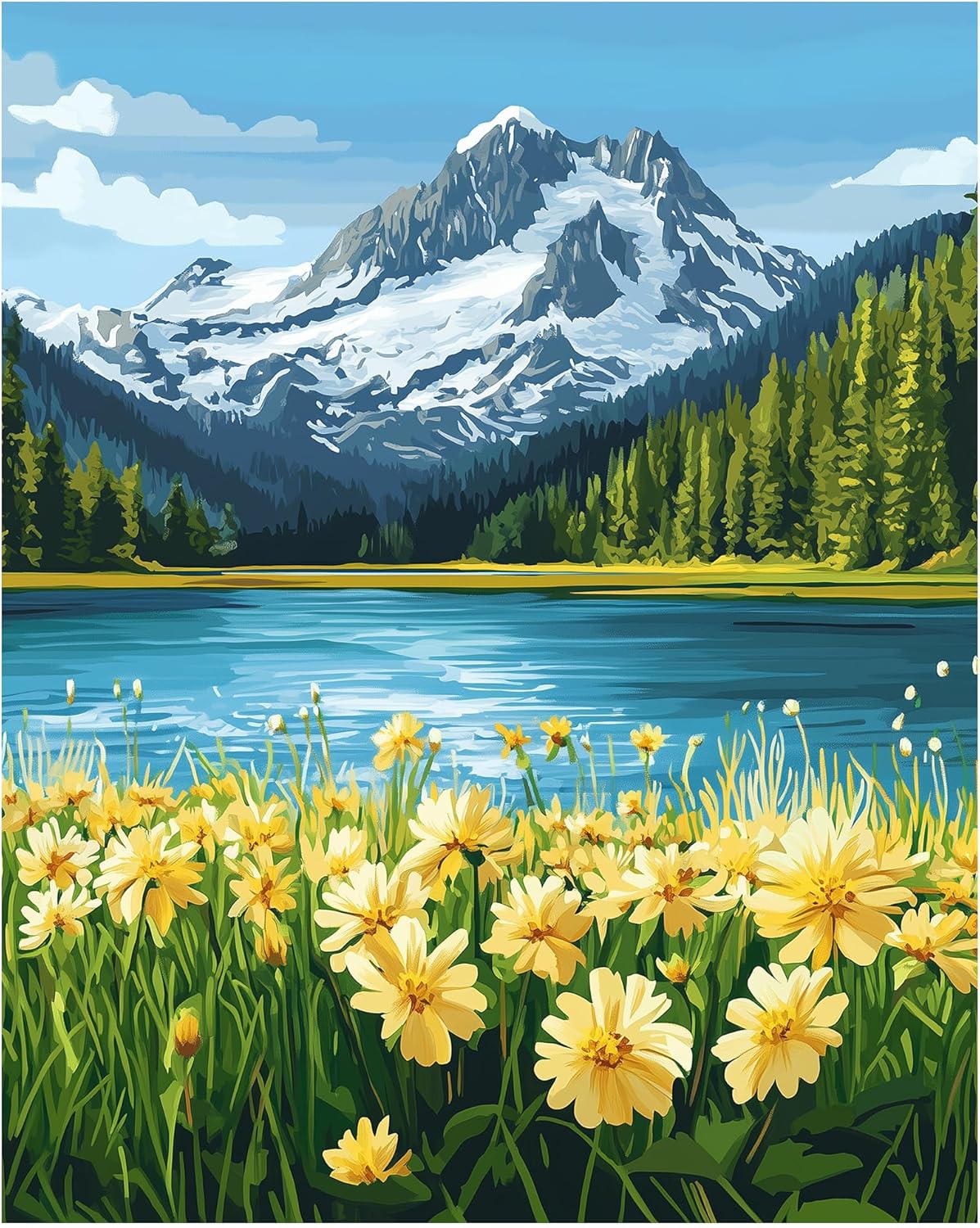 Daisy Flower Paint by Number Kits, North Cascades National Park Paint by Numbers for Adults, Mountains and Lake Acrylic Painting for Home Wall Decor