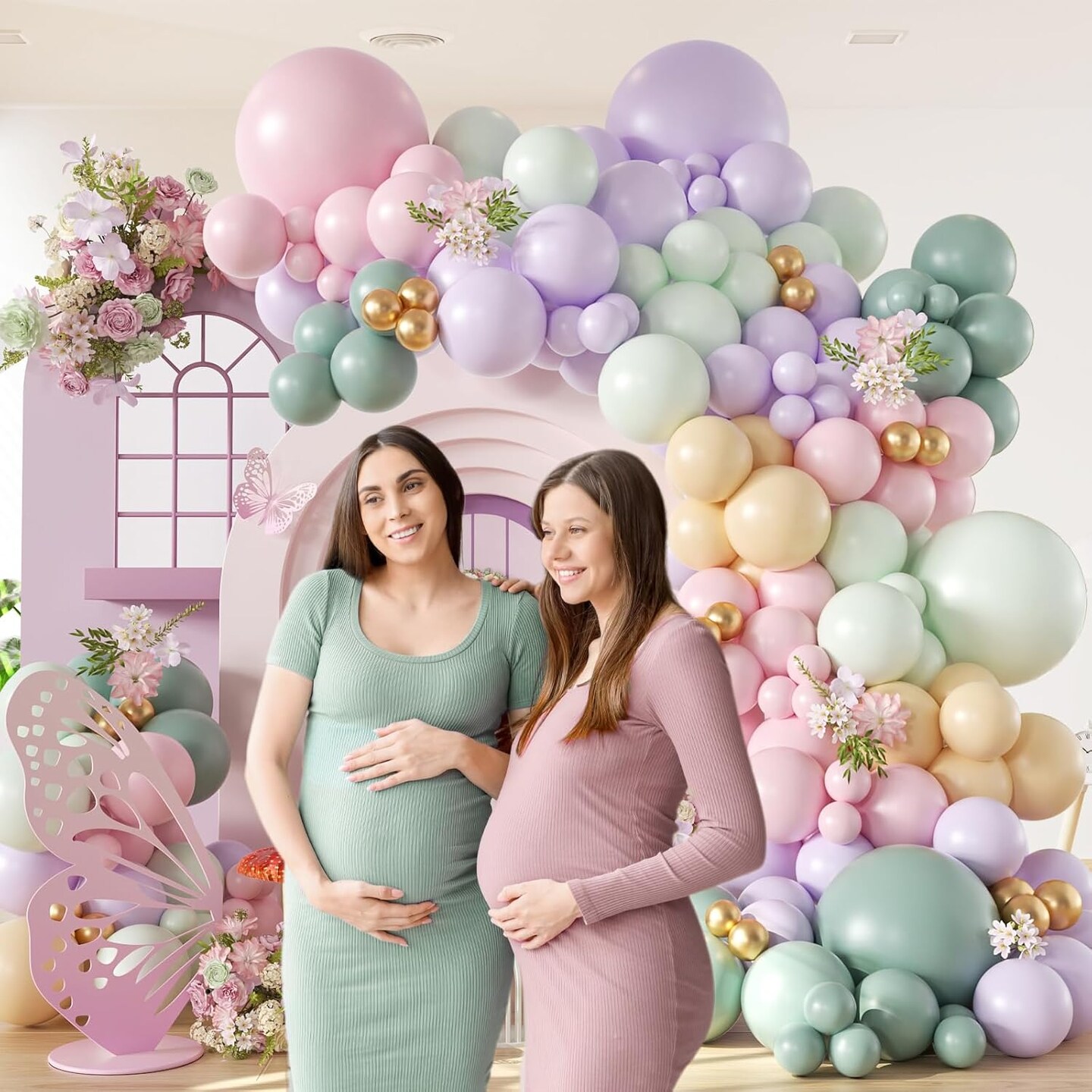 157pcs Pastel Pink and Purple Balloon Arch Garland Kit, Pink Purple Teal Light Green Nude Metallic Gold Latex Balloons for Baby Shower Spring Garden Tea Party Decorations
