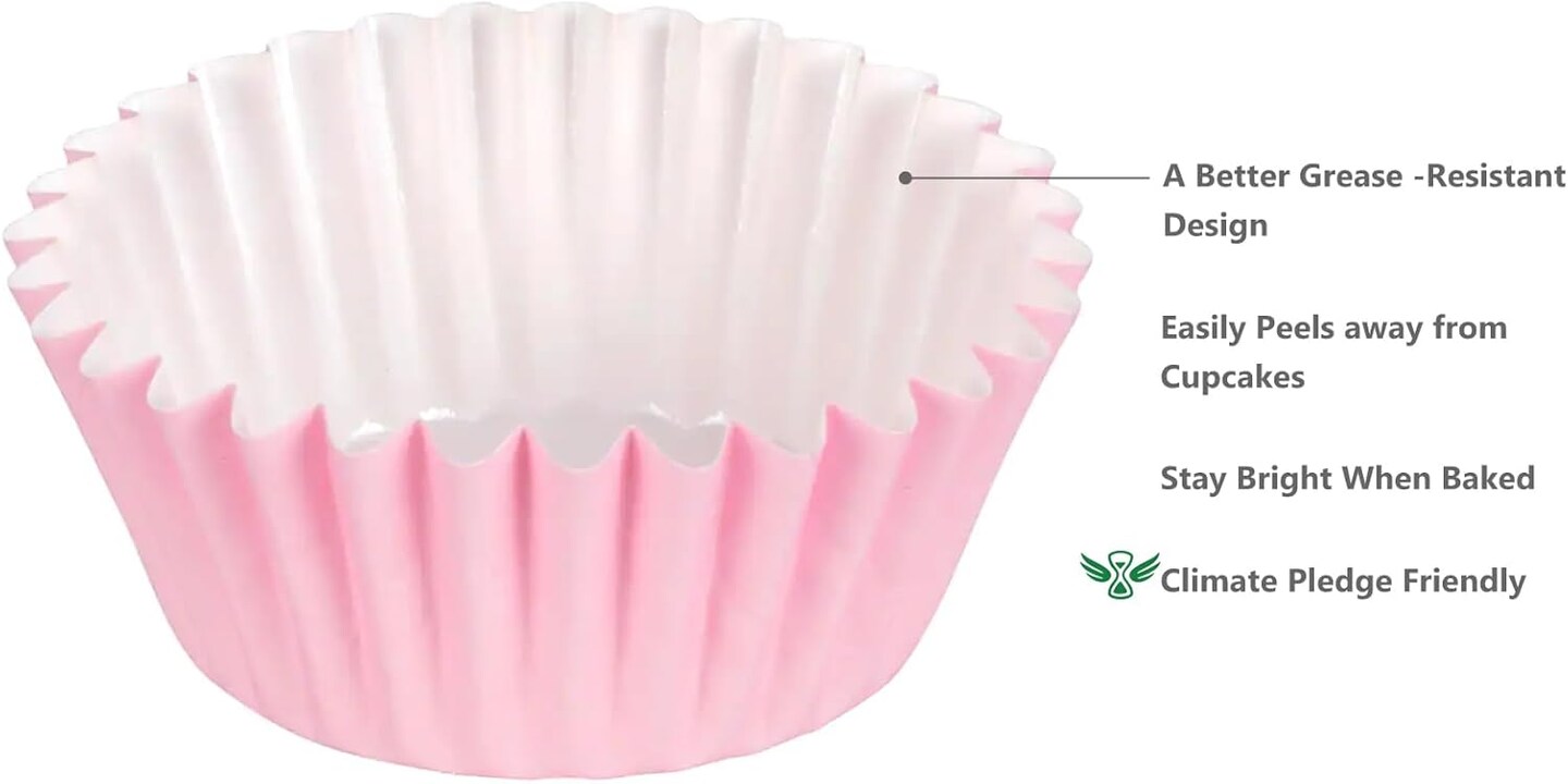 Grease-Resistant Standard Pink Cupcake Liners 150 Counts - Heavy Duty Paper Muffin Baking Cups, Odorless, No Muffin Pan Needed, Easily Peels (Pink)