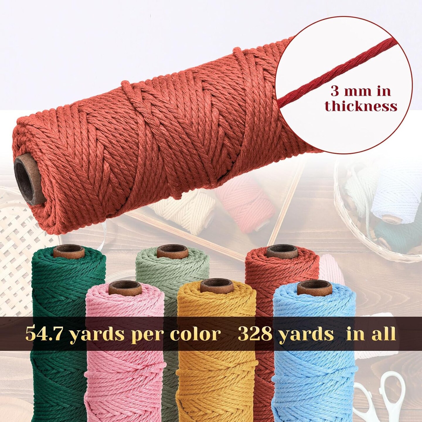 6 Rolls Macrame Cord 3mm x 328 Yards Cotton Rope Colored Yarn Twine Set for DIY Wall Plant Hanger Crafts Knitting Making Supplies, 6 Colors(Vivid Colors)
