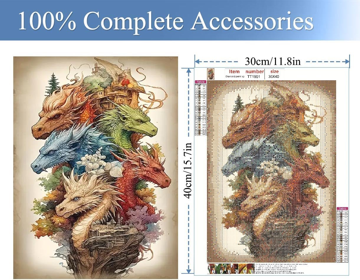 Dragon Diamond Painting Kits- Dragon Diamond Painting Kits for Adults, 5D Colourful Dragon Diamond Art Kits for Beginners DIY Full Drill Dragon Diamond Art for Home Wall Decor 12x16inch