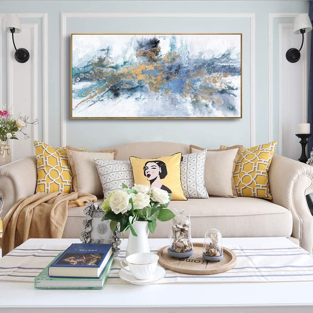 Wall Art Framed Ready to Hang Wall Art Modern Fantasy Paintings Navy Blue Yellow Abstract Wall Art Prints Canvas Painting Large Size for Living Room Bedroom Office Decoration 20"x40"