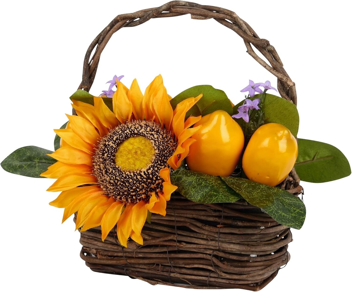 Rustic Farmhouse Table Decor, Spring Summer Tabletop Basket Decoration with Artificial Sunflowers Lemons Magnolia Leaves, Small Centerpiece for Home Indoor Living Room Kitchen Dining Room Table