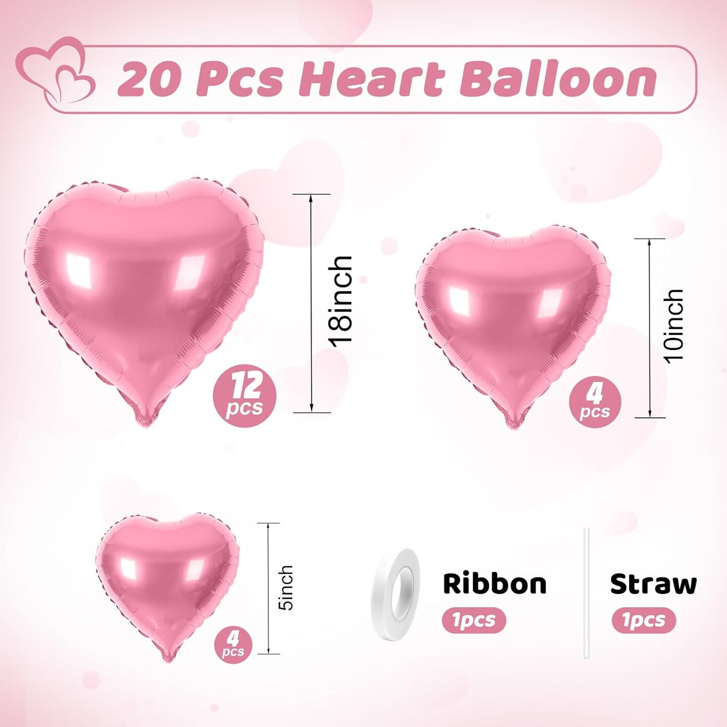20-Piece Pink Heart Balloons – 5, 10, & 18-Inch Foil Love Balloons for Valentine’s Day, Weddings, Engagements, Bridal Showers, and Anniversary Celebrations