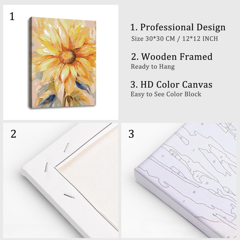 Paint by Numbers Kit for Adults Framed - Sunflower Paint by Number on Canvas with Frame, Flowers DIY Acrylic Painting by Number Ideal Gift Home Wall Decor (12x16 Inch)