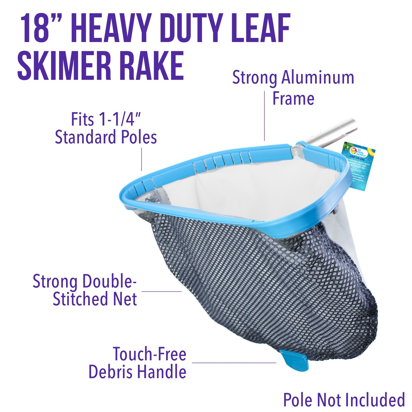 U.S. Pool Supply&#xAE; Heavy Duty 18&#x22; Swimming Pool Leaf Skimmer Rake with Deep Double-Stitched Net Bag - Strong Aluminum Frame
