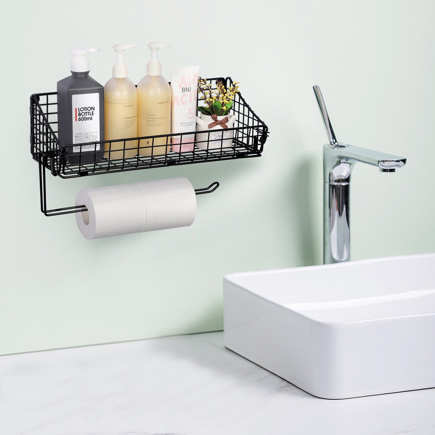 2PCS Black Multi-Functional Wall-Mounted Metal Basket Organizer with Foldable Paper Towel Holder – Space-Saving Storage Shelf for Kitchen, Bathroom, Bedroom & Hallway