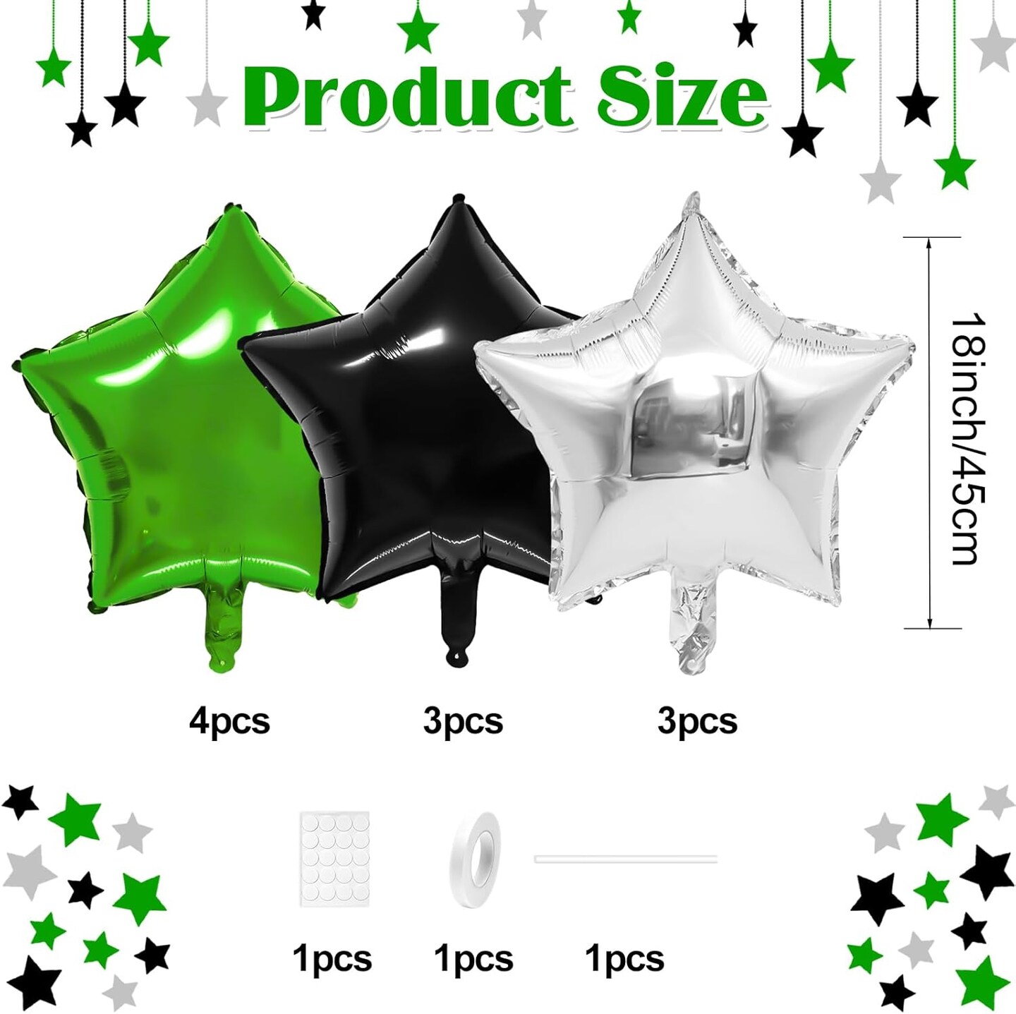 10-Pack 18in Black & Green Star Foil Balloons – Mylar Party Decor for Graduation, Anniversary & Birthday