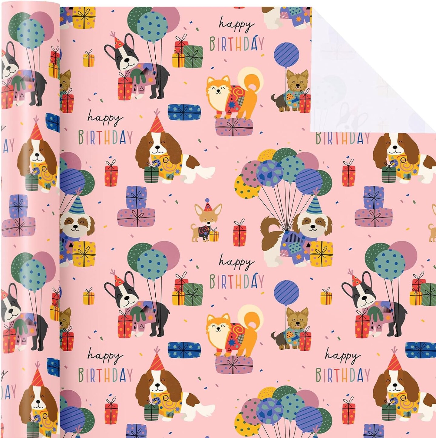Dog Birthday Wrapping Paper Roll - Mini Roll - 17 Inch x 9.8 Feet - Pink Puppy Dog, Perfect for Party, Holiday