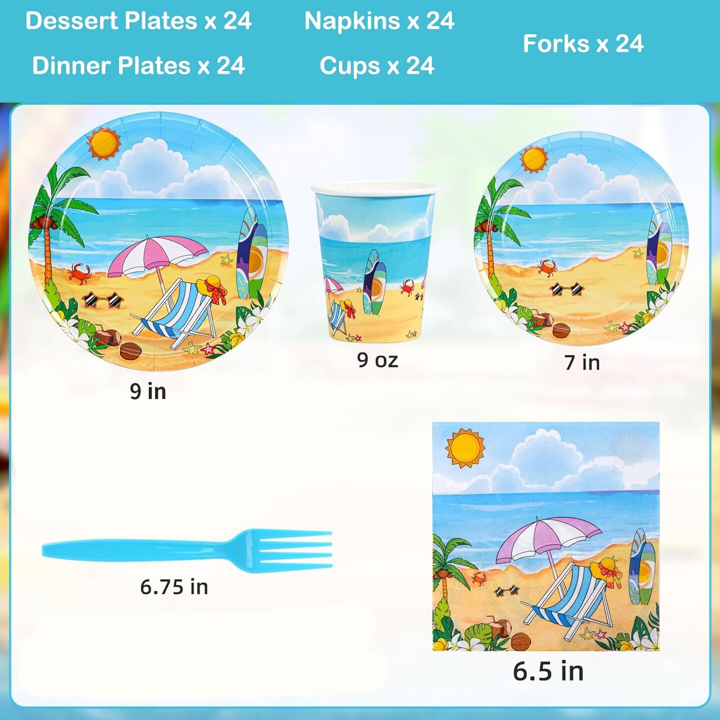 Beach Party Summer Tableware Supplies, Beach Plates and Napkins Set, Disposable Beach Plates, Cups, Napkins and Cutlery