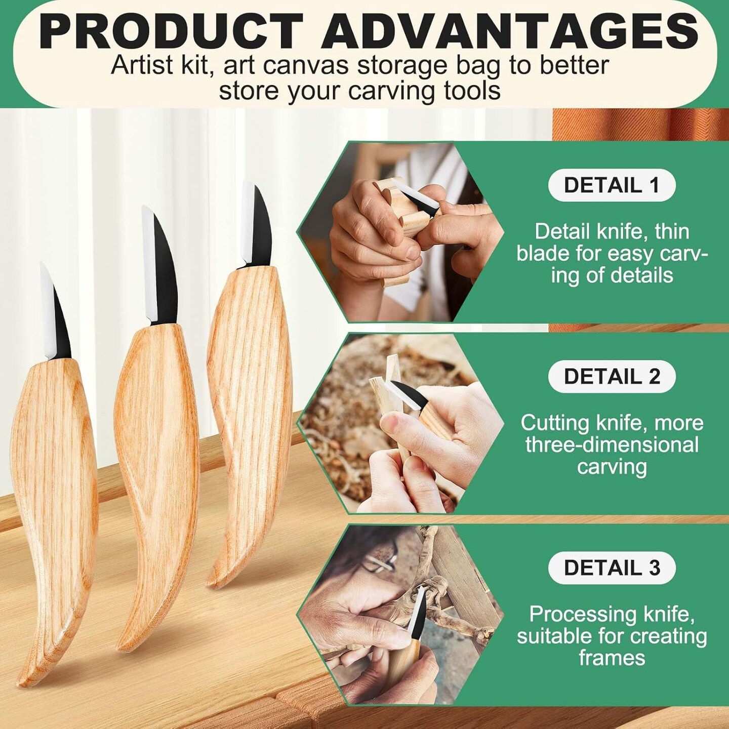 5 Pack Wood Carving Tool Set 3 Knife Set wood carving knives with High Carbon Steel Blades, Ergonomic Ash Wood Handle, with Storage Bag and Whetstone, for Beginner Hobbyist