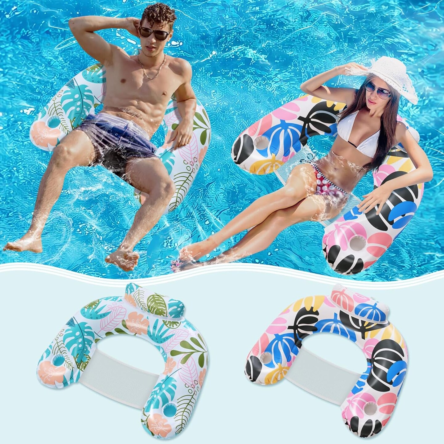 2 pack Adult Inflatable Pool Floats Chair, Water Leisure Inflatable Floating Chair,Drink Holder, Ergonomic Headrest,Pool Floaties for Adults Swimming Pool Party, Summer Water Fun
