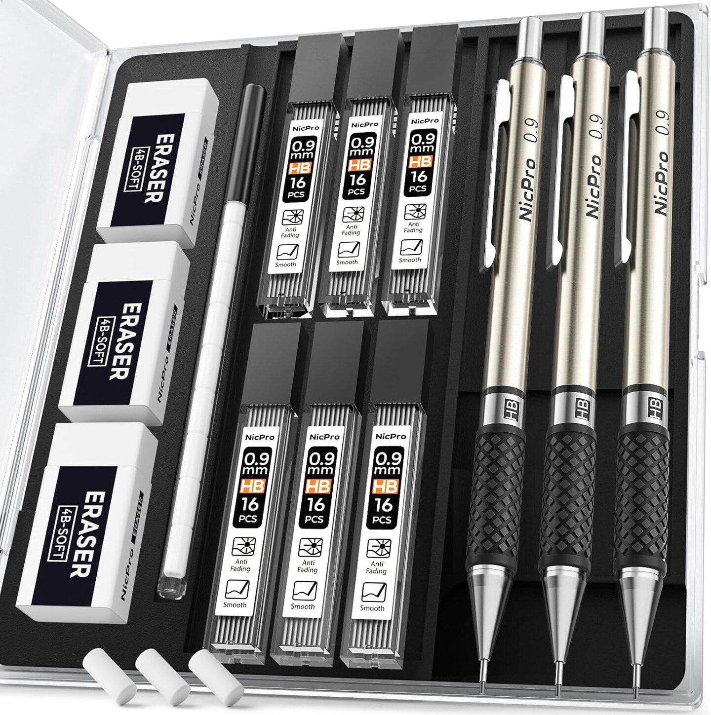 RG1000 0.9 mm Art Mechanical Pencil Set in Storage Case, 3 PCS Metal Drafting Pencil Lead Pencil with 6 Tube HB Refills, 3 Erasers, 9 PCS Eraser Refills for Artist Writing, Drawing, Sketching