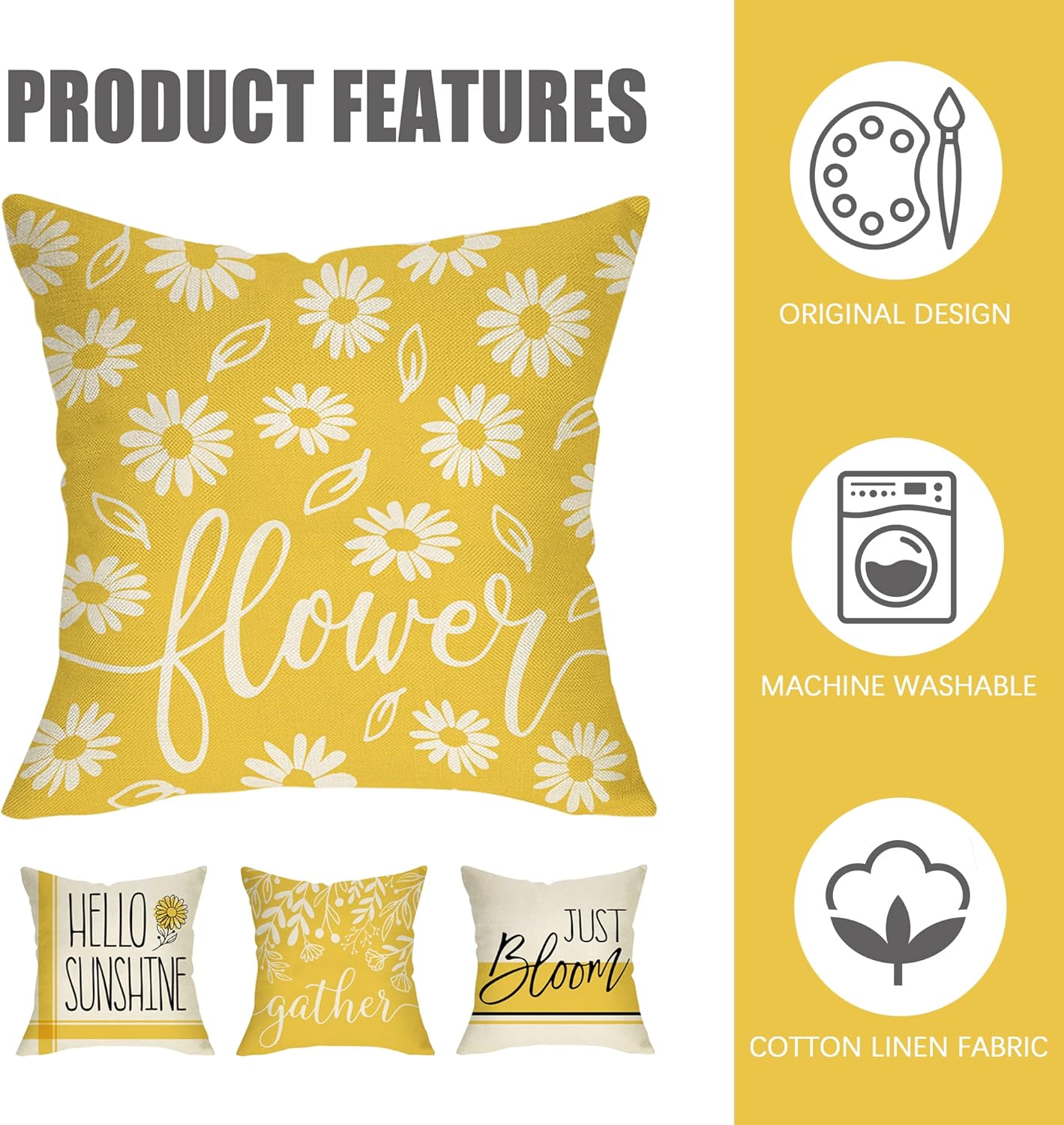 Hello Sunshine Decorative Throw Pillow Cover 20 x 20 Set of 4, Spring Summer Yellow Daisy Floral Flower Porch Patio Outdoor Pillowcase, Just Bloom Gather Sofa Couch Cushion Case