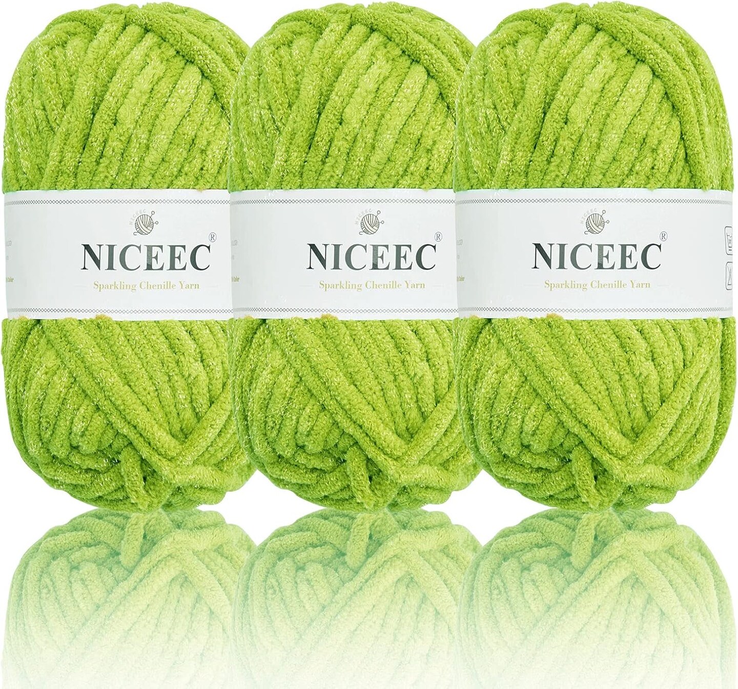 3 Skeins Sparkling Chenille Yarn Soft Yarn for Crochet Knitting Blanket Yarn DIY Craft Yarn for Blanket-Total Length 3&#xD7;50m(3&#xD7;55yds/3.53oz&#xD7;3)- Spring Green