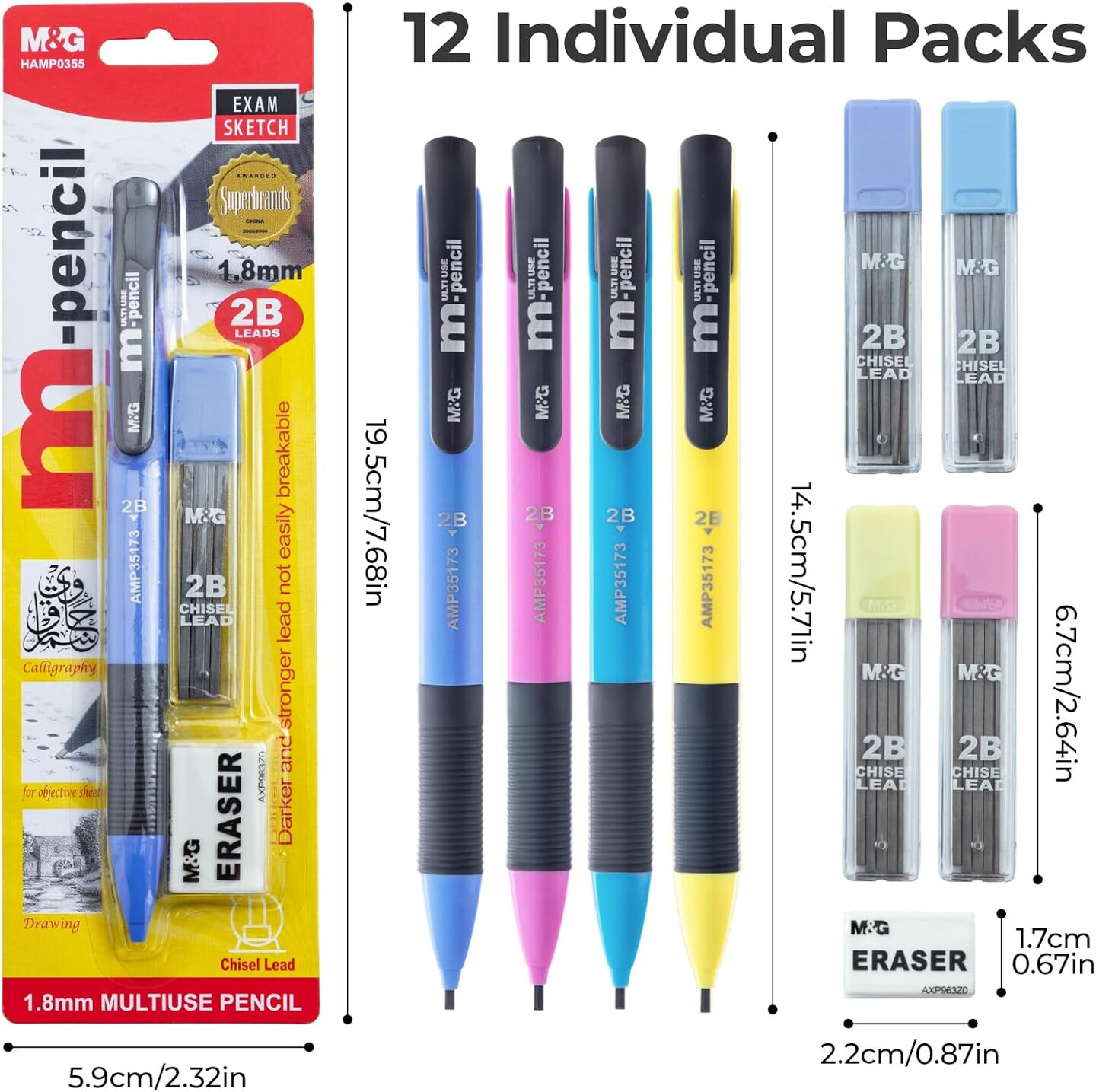 Mechanical Pencils Set 1.8mm, 2B Pencil Lead, 12 Pencils, School Supplies, Teacher Supplies, Drawing Pencils, Sketching Pencils, 12 Tube Lead Refill Set, 12 Erasers for Drafting Drawing Sketching