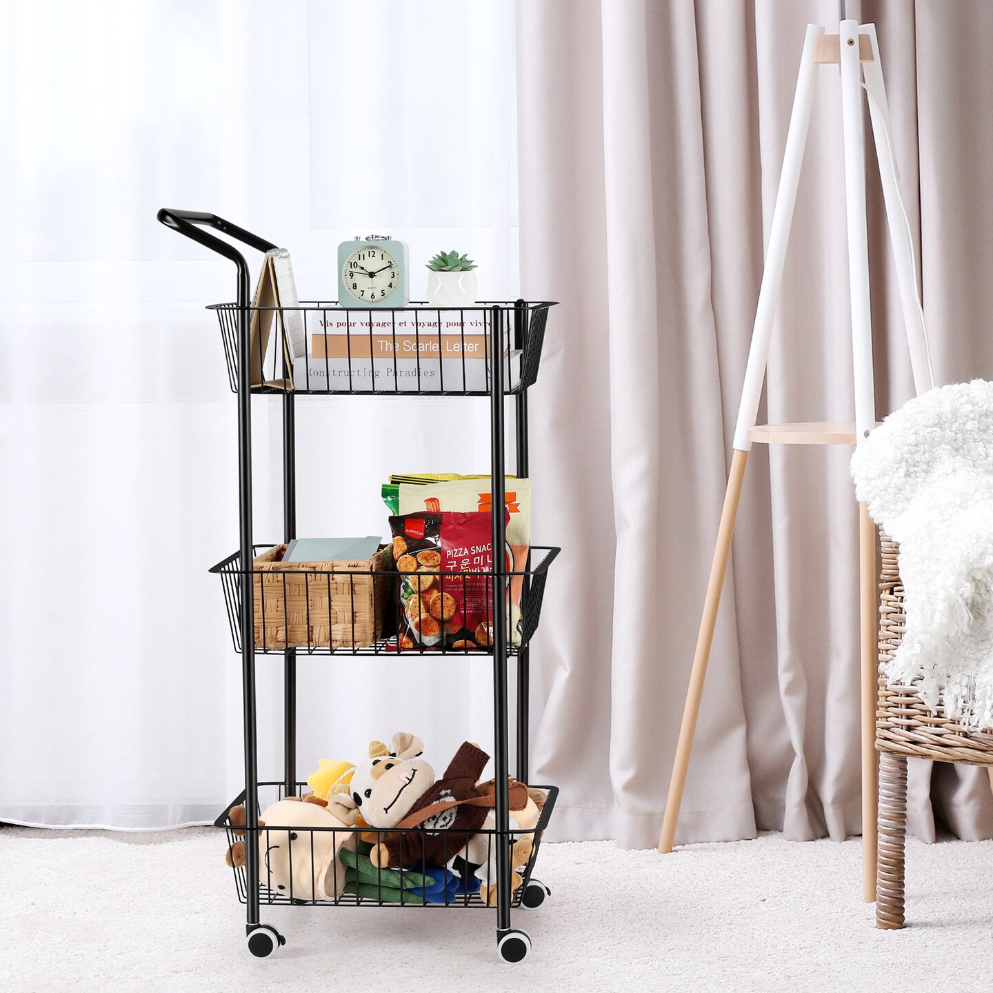 3-Tier Narrow Metal Rolling Cart with Lockable Wheels & Handle – Space-Saving Kitchen Storage Cart, Bathroom/Office Utility Cart, Heavy-Duty Wire Basket Organizer