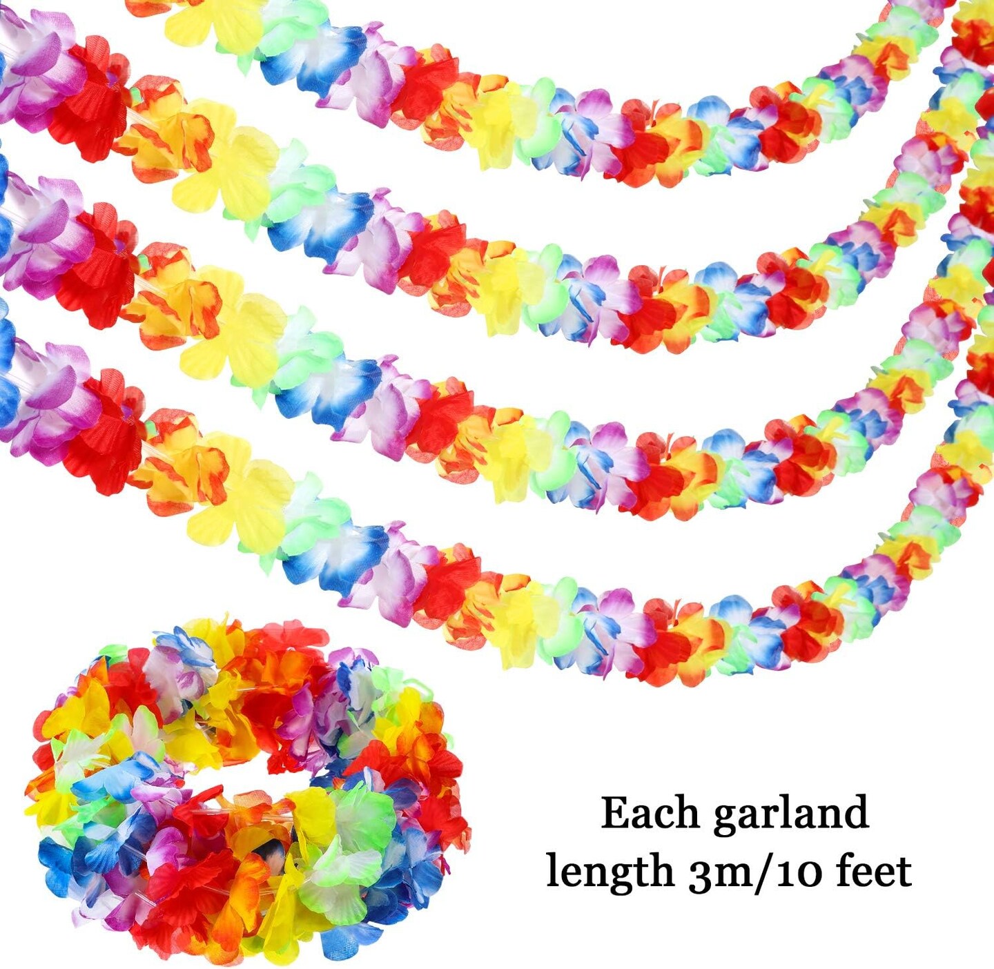 10 Pack Summer Multicolor Tropical Flower Lei Garland Luau Hibiscus Flower Banner for Hawaiian Luau Decorations,10 Feet Each