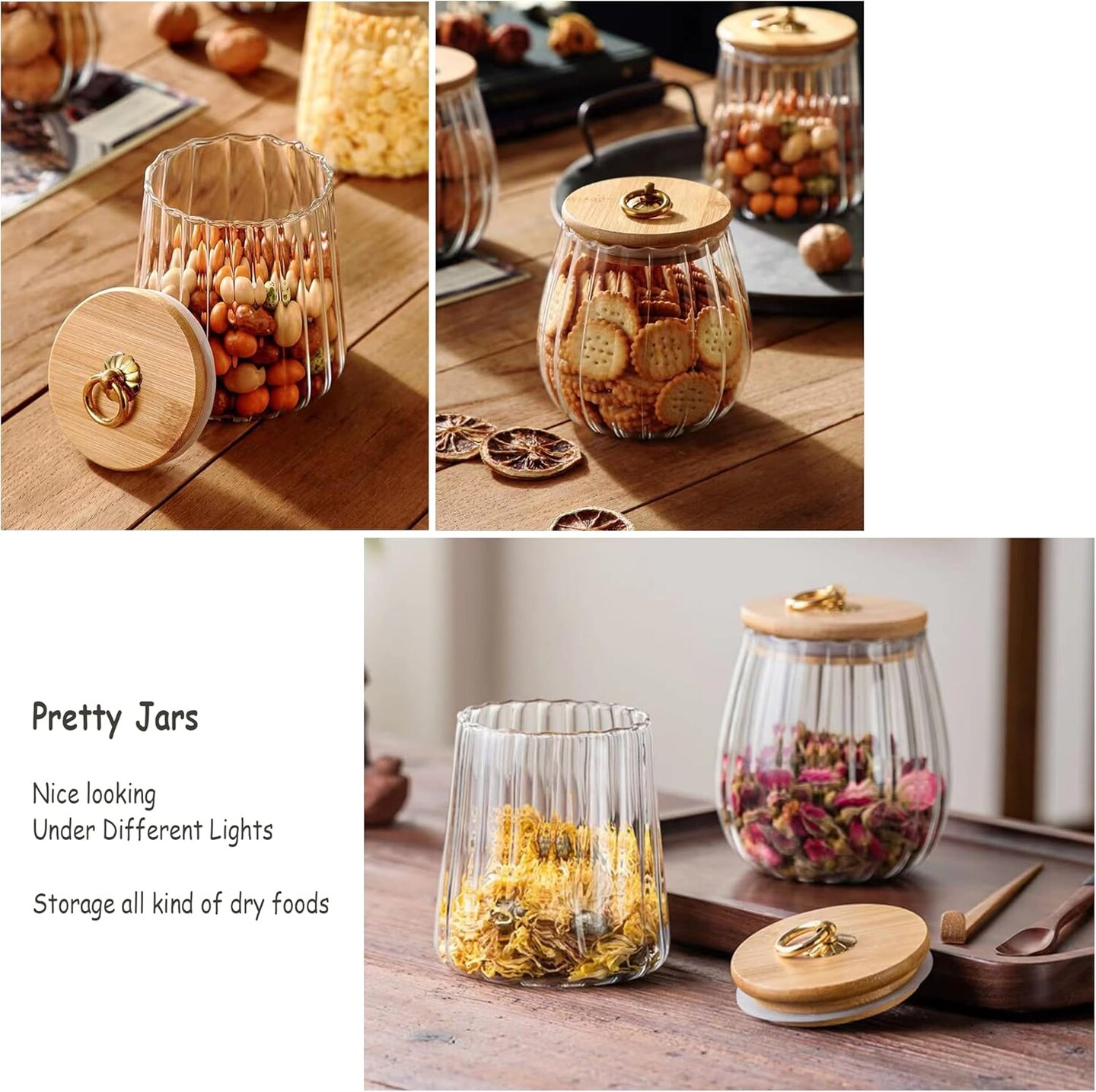 Small Glass Coffee Nuts Canister Airtight Storage Jar Petal Decorative Container with Bamboo Lid Metal Handle Easy to Grasp 700ml, 23 FL OZ (Set of 2)