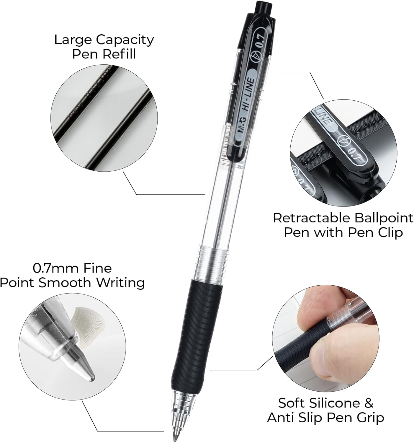 Ballpoint Pens, Black Ink Roller Ball Pens Fine Point 0.7mm, Retractable Ballpoint Pens Bulk Smooth Writing with Soft Anti-Slip Grip for Note Taking Office School Women Men (12 Pack)