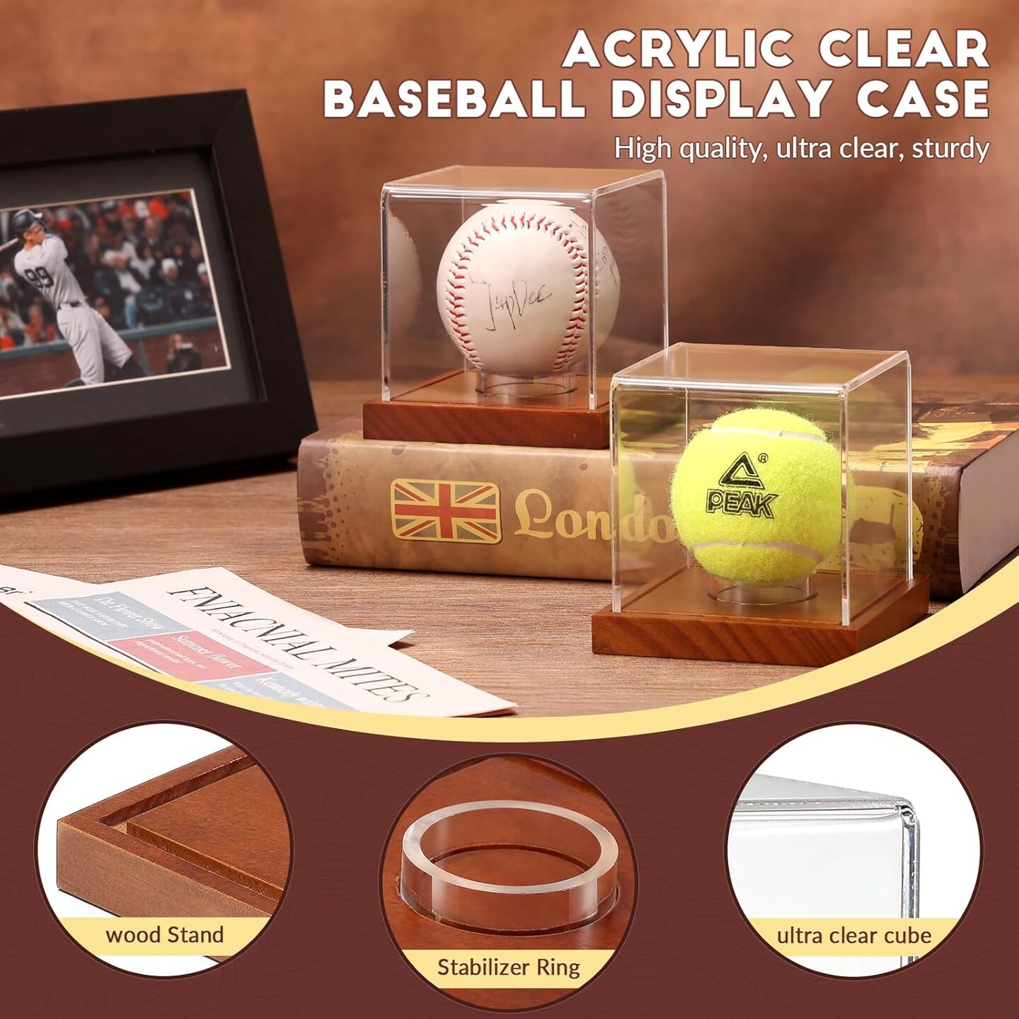 Baseball Display Case - Clear Cube Baseball Holder with Wooden Base, Autograph Stand Box for Single Ball, Acacia Wood, Brown, 1 Pack