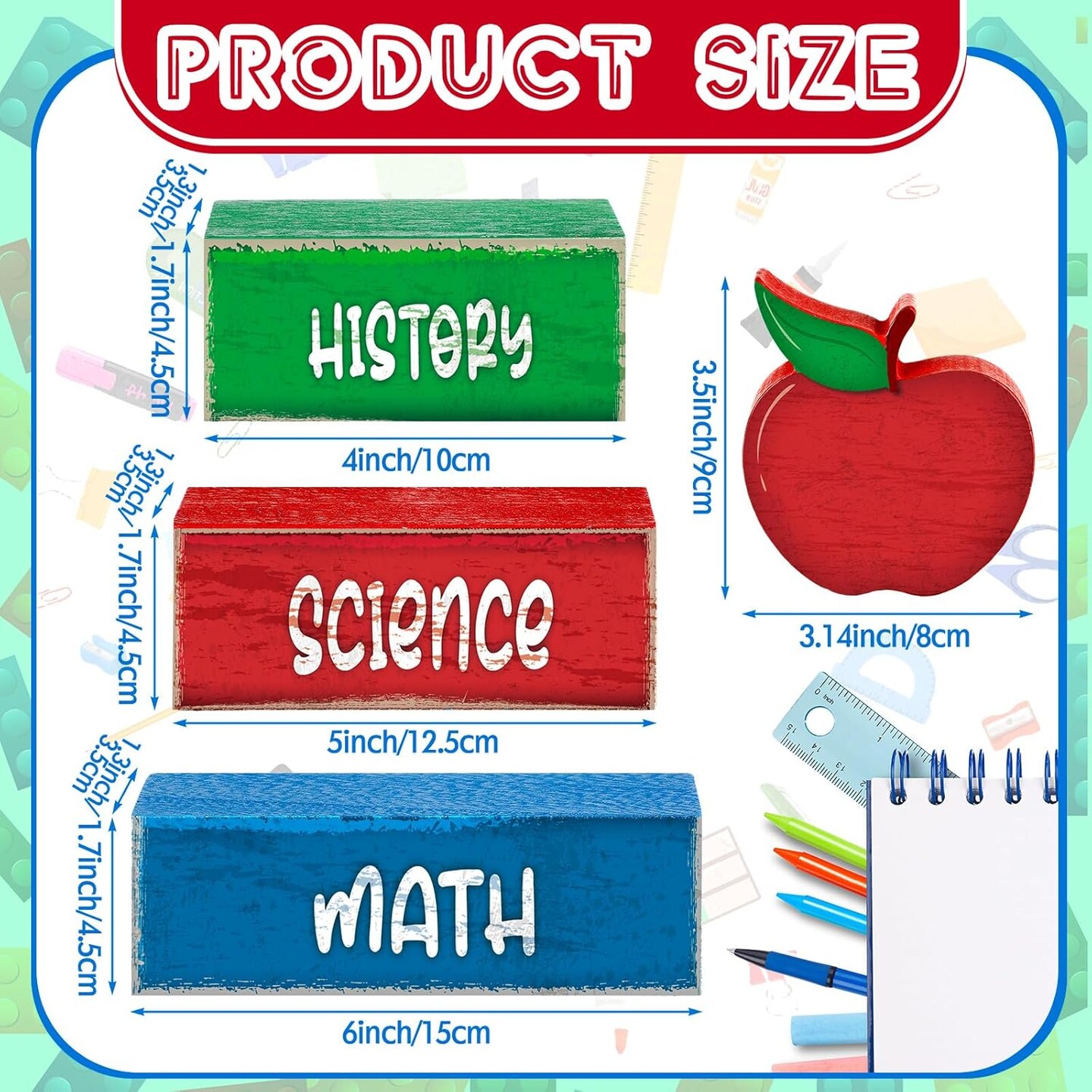 Back-to-school decorations with bus, apple, and rustic wood block sign for tiered tray or mantel.