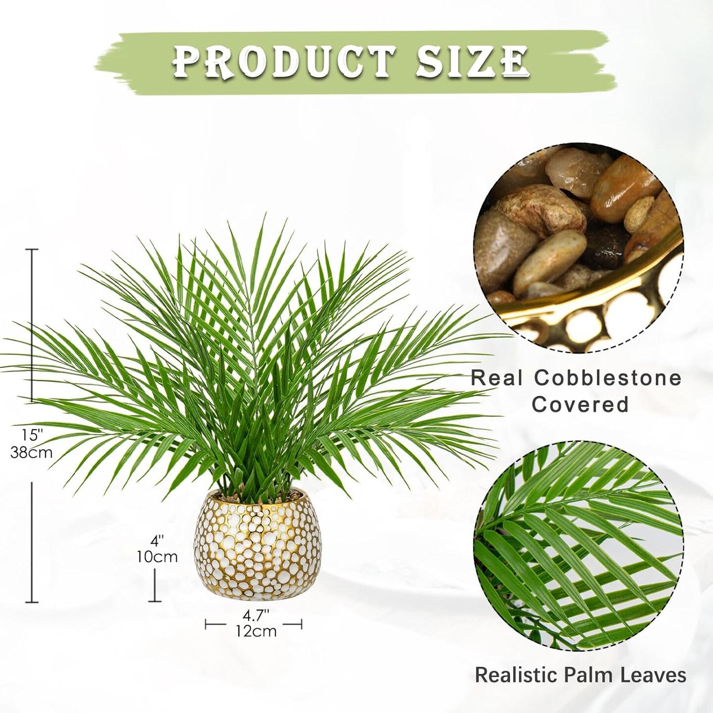Fake Plants 15&#x27;&#x27; Faux Palm Plant in Gold-White Pot Realistic Artificial Plants Indoor for Home Farmhouse Centrepieces Wedding Decorations