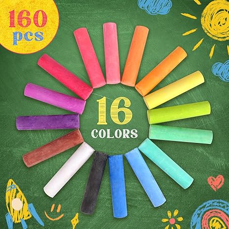 160PCS Sidewalk Chalks Set in 16 Colors: Jumbo Washable Drawing Chalk for Kids Outdoor Art, Non-Toxic Dustless Colored Giant Box Chalkboard Chalk for Toddler Painting on Blackboard, Playground, Party