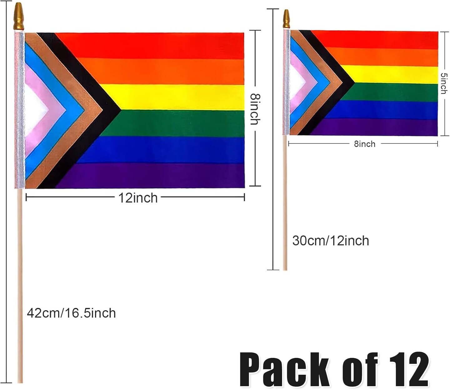 12Pcs Progress Rainbow Pride Flag 8x12 Inch Small Rainbow Flag on Stick, Mini Small Hand Held Pride Flags for LGBTQ Lesbian Gay Transgender, Perfect for Pride Events, Pride Month, Rainbow Festival (8×12 inch(12 Pcs))