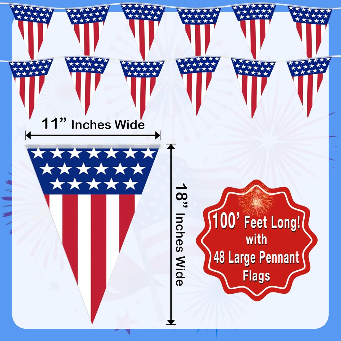 USA Flag Pennant Banner | 100&#x2019; FT. Long American String Flags | 18&#x201D; Inch Tall Triangle Flag Decorations USA Party | Stars and Stripes Bunting Garland | 4th of July Patriotic Decoration