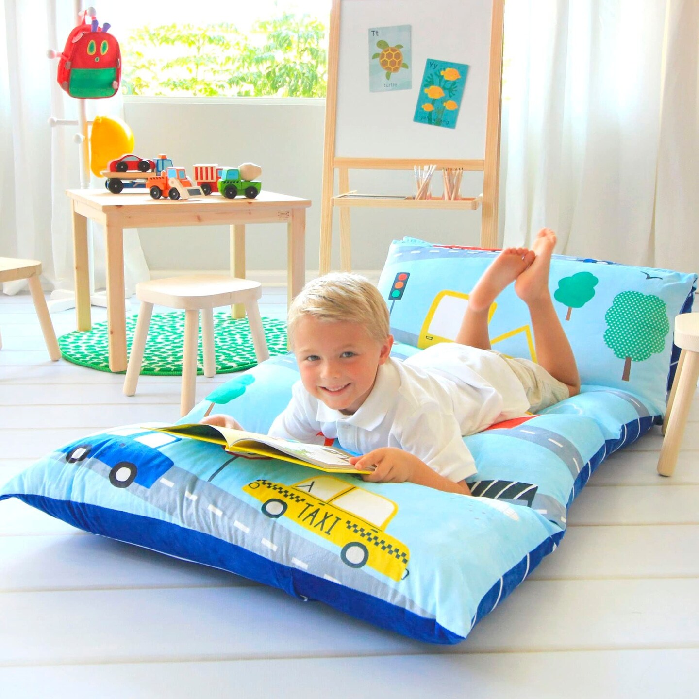 Butterfly Craze Floor Pillow Case, Mattress Bed Lounger Cover, Cars Blue, King Size - Cozy Seating Solution for Kids & Adults, Recliner Cushion, Perfect for Reading, TV Time (Pillow Not Included)