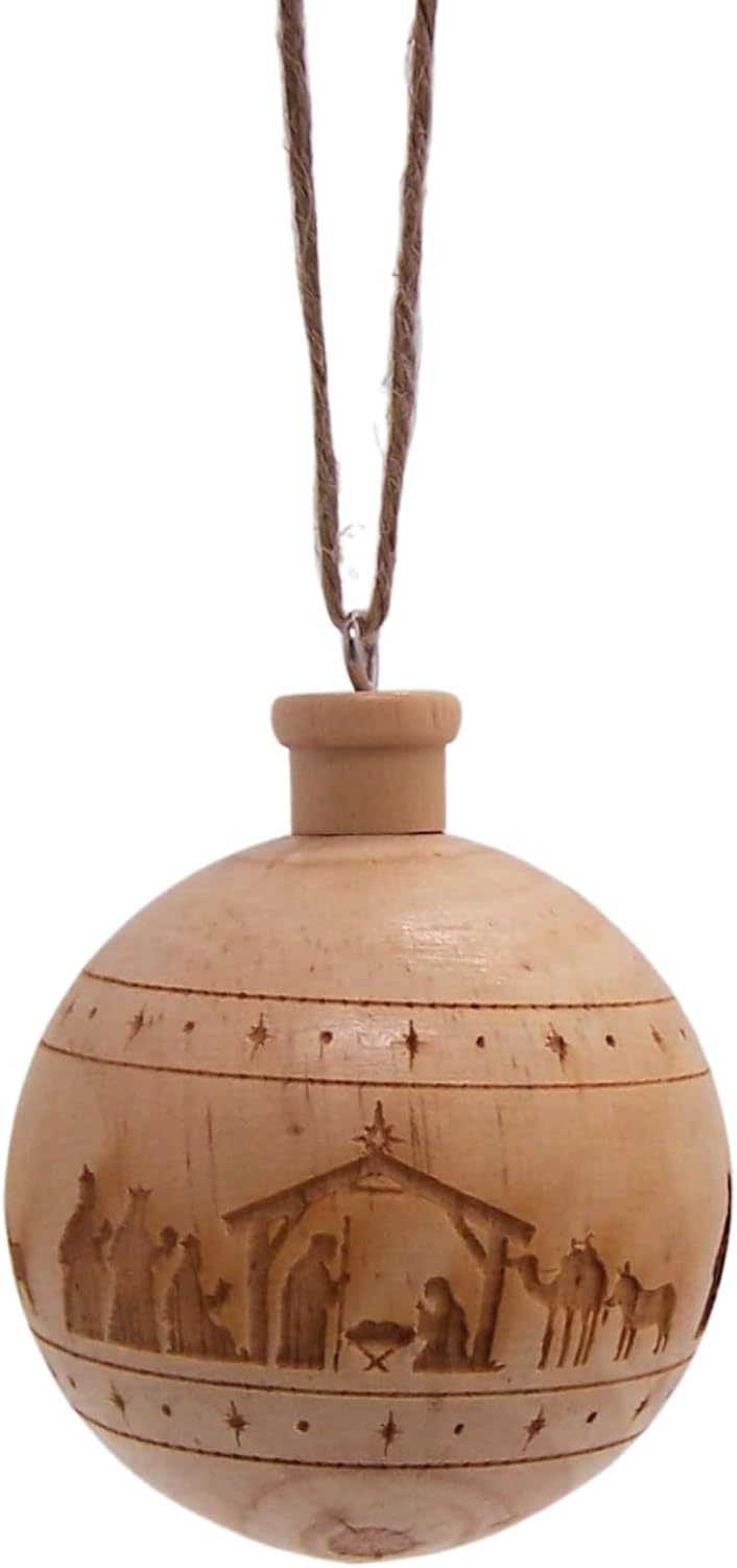 Wooden Ball Christmas Ornaments, Festive Hanging Holiday Décor, Assorted Designs, 2.4 Inches