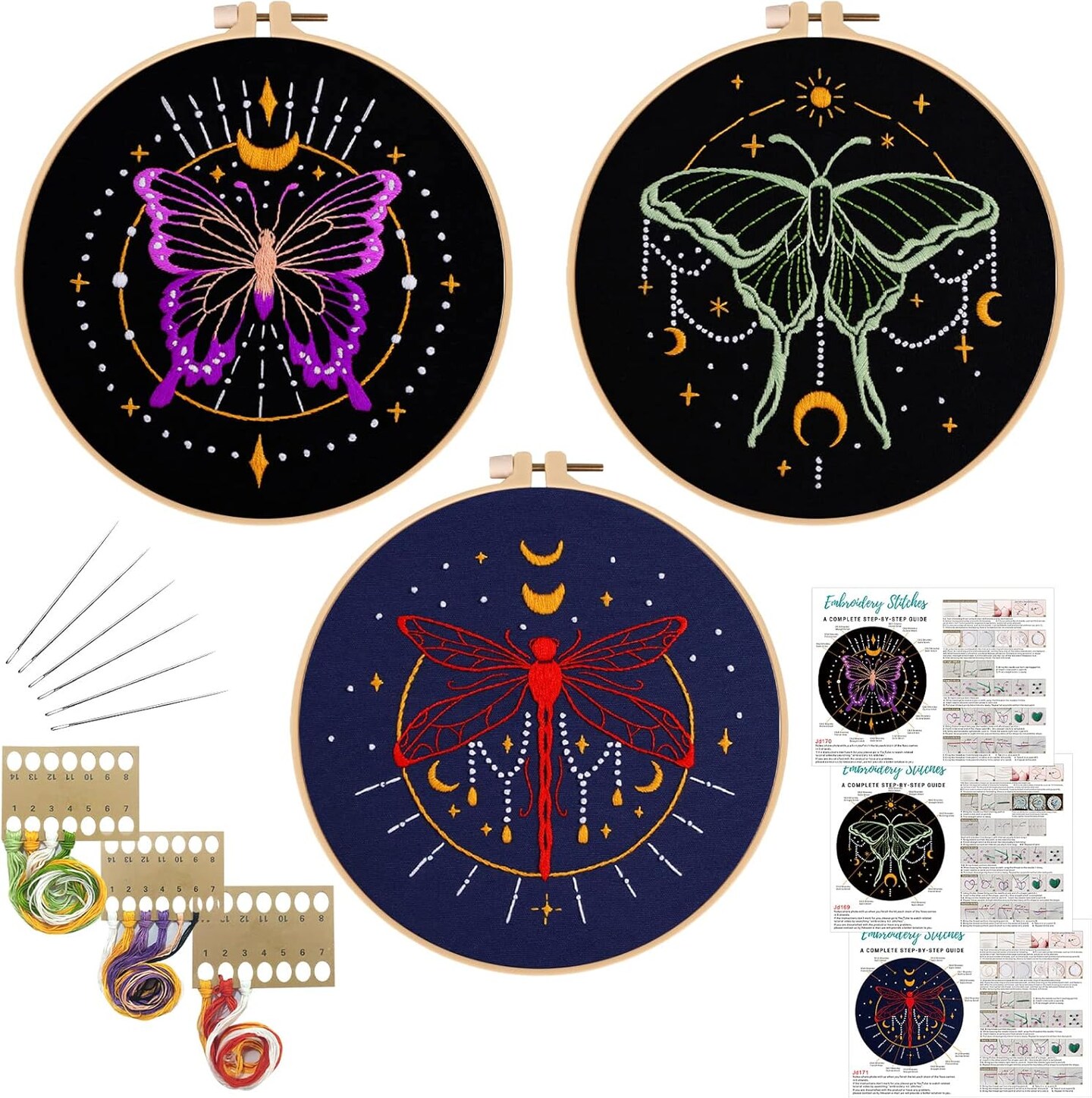 3 Set Tarot Embroidery Kits for Beginners with Moon Butterfly Dragonfly and Moth Pattern,Adults Starter Cross Stitch Kit