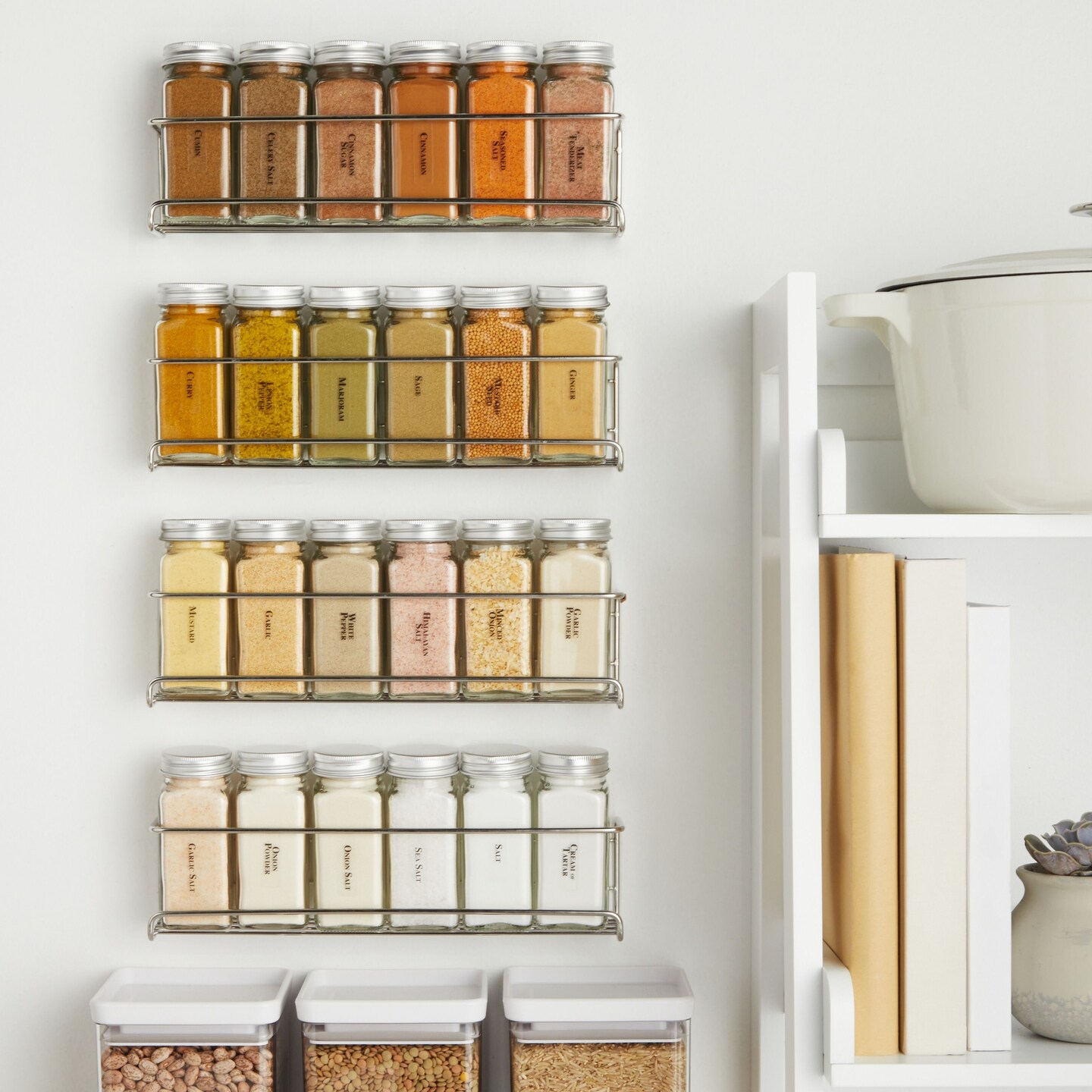 Talented Kitchen 4 Stainless Steel Wall-Mounted Spice Racks Organizer for Wall and Cabinet Door with 24 Pcs 4-Ounce Glass Spice Jars, 269 Preprinted Seasoning Labels (2 Styles)