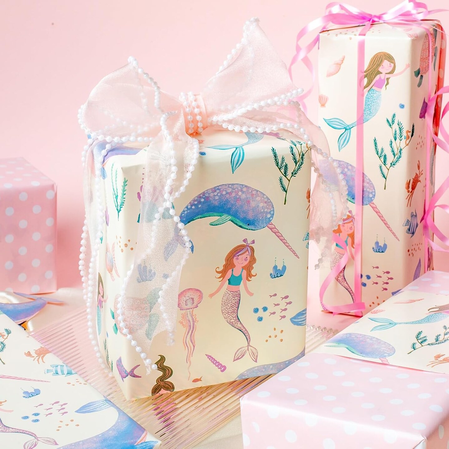 Reversible Mermaid Wrapping Paper Roll- Whale,Turtle and Sea Creature with Pink Polka Dot for Kids,Girls,Baby Shower,Birthday-Mini Roll-17 Inch X 32.8 Feet
