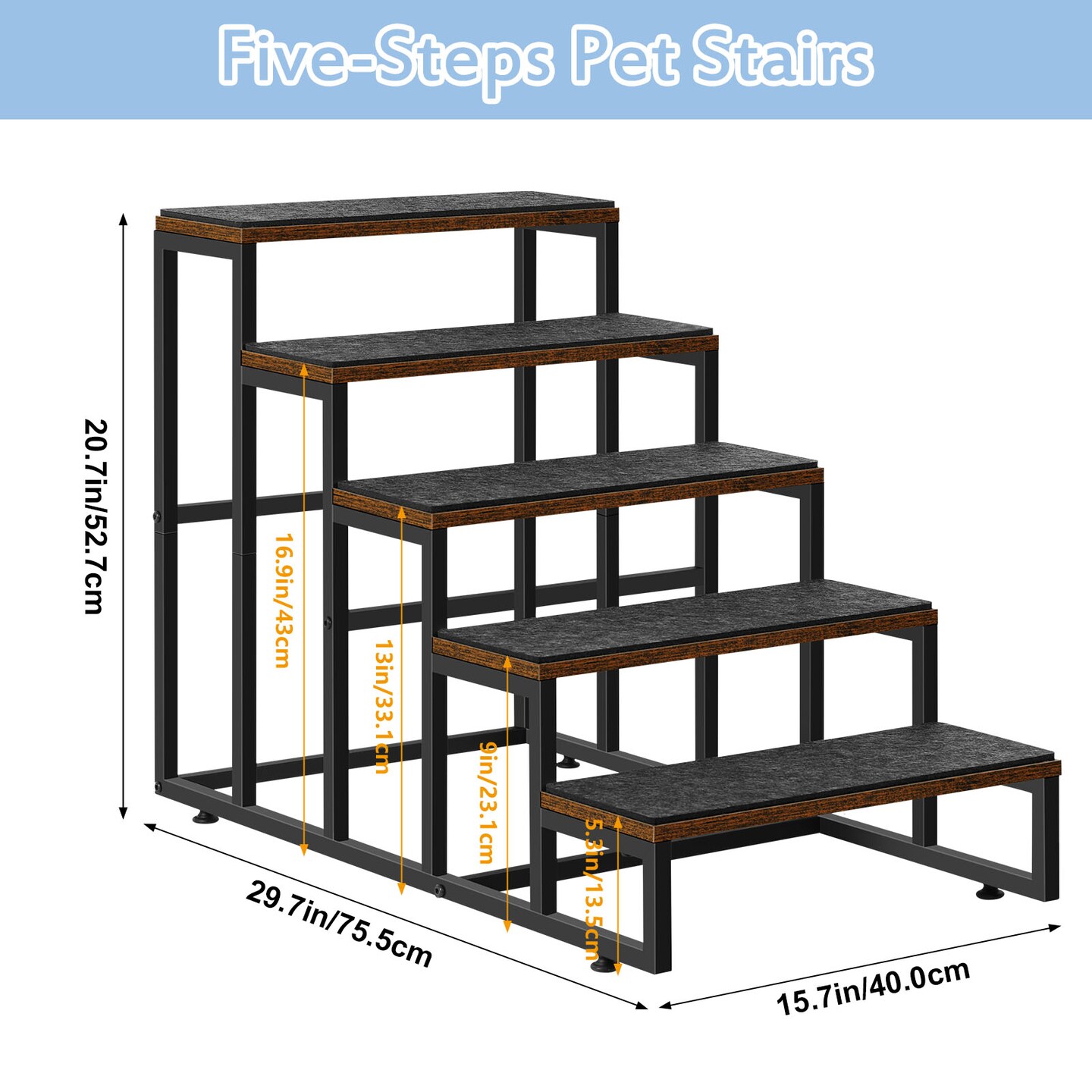 4-Step Dog &#x26; Cat Stairs with Non-Slip Base &#x2013; Sturdy Wood/Metal Pet Ladder for Sofa, Bed &#x26; Balcony, Joint-Friendly Design (Brown)